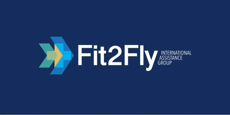 Logo with blue and green arrow shapes pointing right, next to the text "Fit2Fly INTERNATIONAL ASSISTANCE GROUP" on a dark blue background.