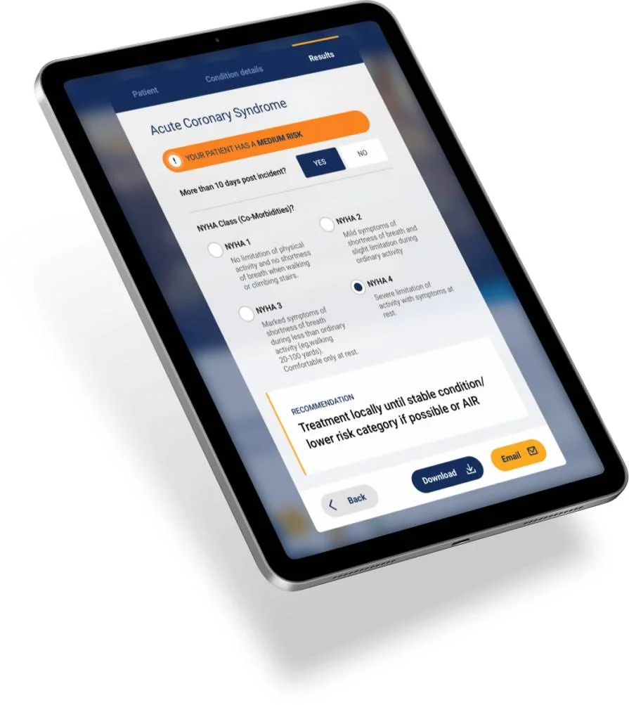 A tablet displaying a medical app screen with information about Acute Coronary Syndrome, including risk assessment options, recommendations, and buttons for downloading or emailing results.