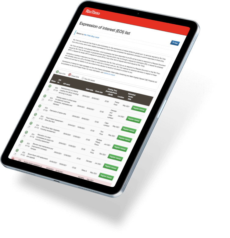 A tablet displaying a webpage titled "Expression of Interest (EOI) list" from Rio Tinto, showing a table with various entries, dates, statuses, and buttons for actions.