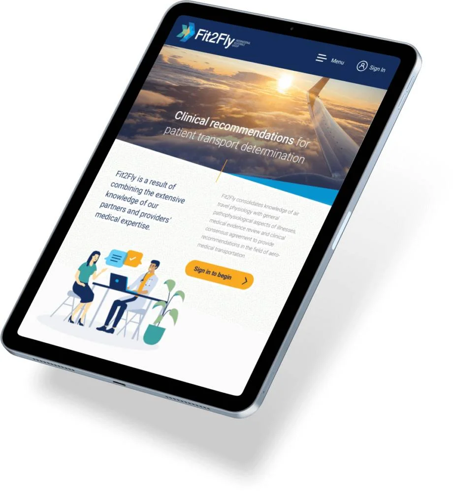 A tablet displaying the Fit2Fly website, showing clinical recommendations for patient transport. The screen features an airplane wing above clouds and an illustration of two people discussing healthcare.