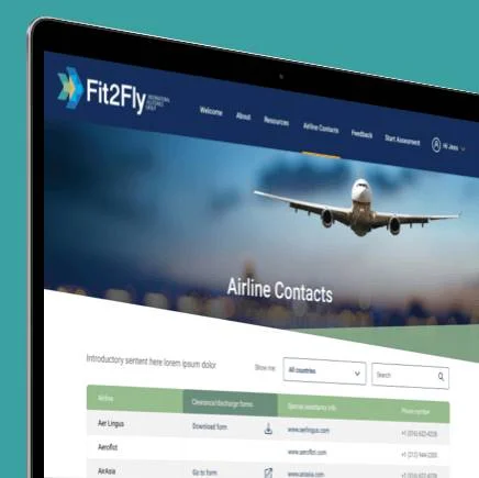 A laptop screen displaying the Fit2Fly website, showing an airplane in flight and a list of airline contacts below, against a turquoise background.