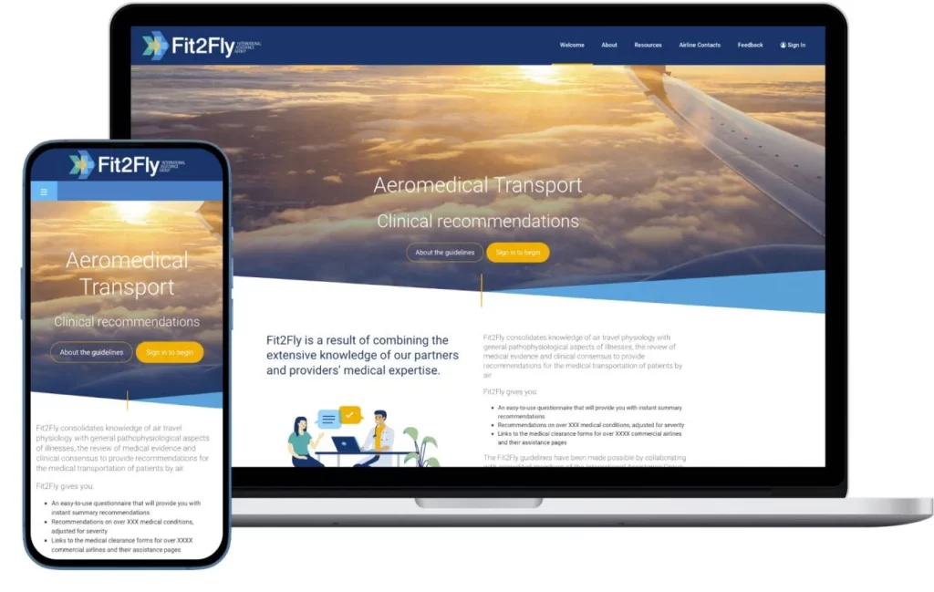 A laptop and smartphone display the Fit2Fly website, showing a plane wing above clouds at sunset with text about aeromedical transport clinical recommendations. The site has buttons for guidelines and information.