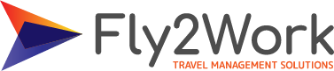 Logo for "Fly2Work Travel Management Solutions" featuring a stylized, colorful arrow design to the left of the company name in bold text, with the tagline below in orange.