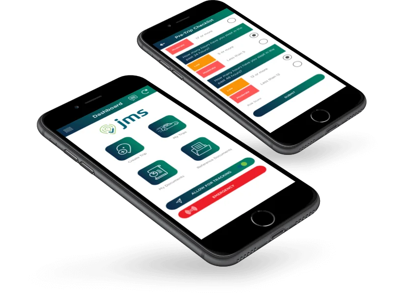 Two smartphones displaying a mobile app interface with dashboard icons, checklists, and status indicators, primarily in green, blue, and red tones on clean, modern screens.