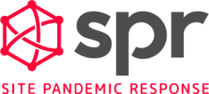 Logo for Site Pandemic Response (SPR) featuring a red geometric icon on the left and "spr" in bold gray lowercase letters, with "Site Pandemic Response" in red capital letters below.