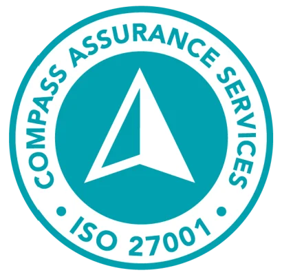 Circular teal and white logo for Compass Assurance Services with a stylized compass icon in the center and the text "COMPASS ASSURANCE SERVICES ISO 27001" around the edge.