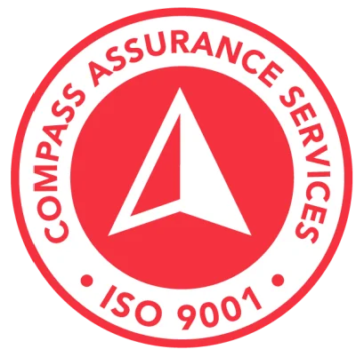 A red and white circular badge with a compass arrow symbol in the center and the text "COMPASS ASSURANCE SERVICES ISO 9001" around the edge.