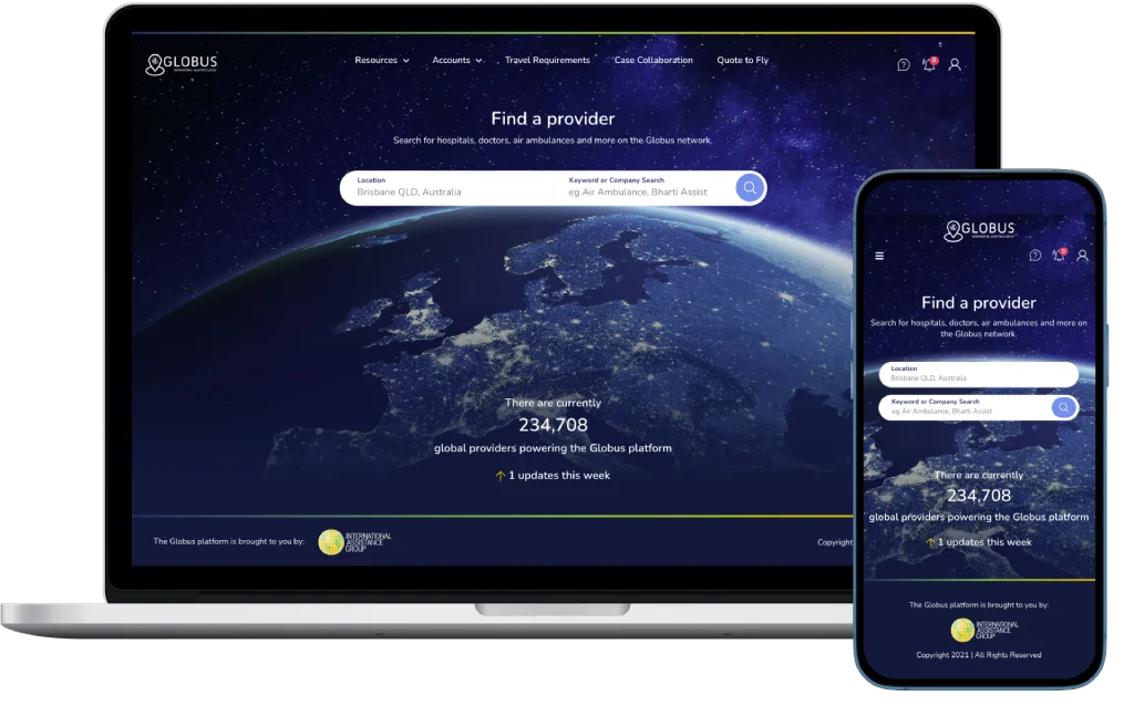 A laptop and smartphone display the Globus platform's "Find a provider" search page, showing a map of Europe from space with a search bar and 234,708 global providers listed on the platform.