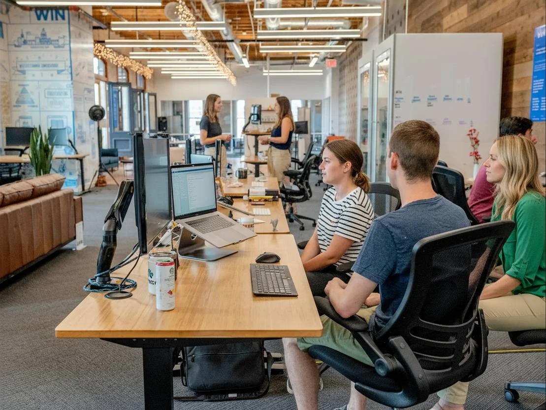A group of people work at computers in a modern, open-plan office with wooden walls, bright lighting, and collaborative spaces. In the background, others stand and talk near whiteboards.