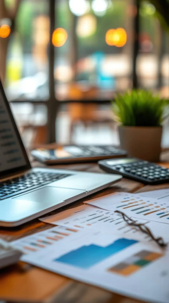 A close-up of a desk with a laptop, calculator, smartphone, eyeglasses, printed charts, and a potted plant, set in a brightly lit office with large windows in the background.